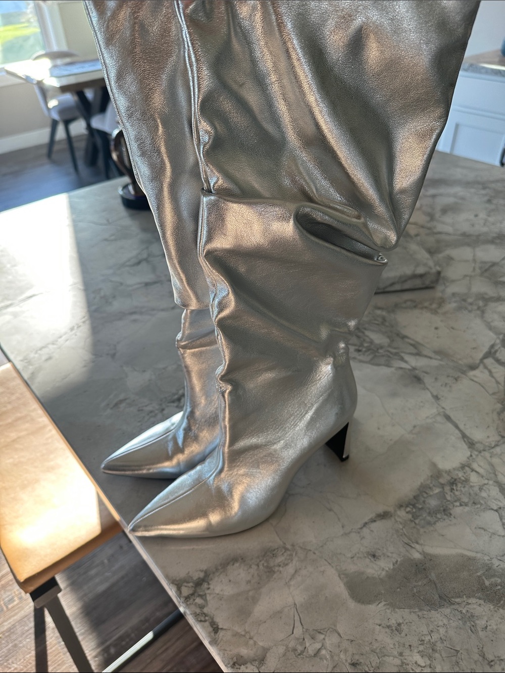 Silver Metallic Over-the-Knee Pointed-Toe Boots